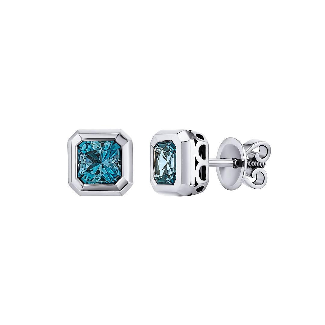 IGI Certified Lab Grown Diamond Asscher Stud Earrings: Vivid Blue, Bezel Set