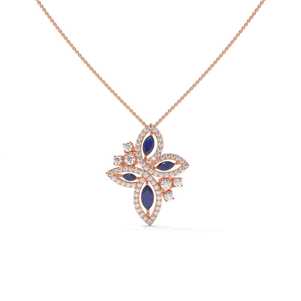 Marquise Lab Diamond Floral Pendant: Vivid Blue, Solid Gold or 925 Silver