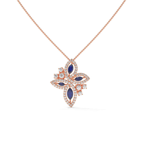 Marquise Lab Diamond Floral Pendant: Vivid Blue, Solid Gold or 925 Silver
