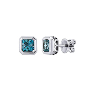 IGI Certified Lab Grown Diamond Asscher Stud Earrings: Vivid Blue, Bezel Set