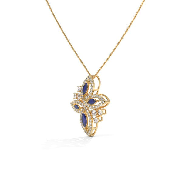 Marquise Lab Diamond Floral Pendant: Vivid Blue, Solid Gold or 925 Silver