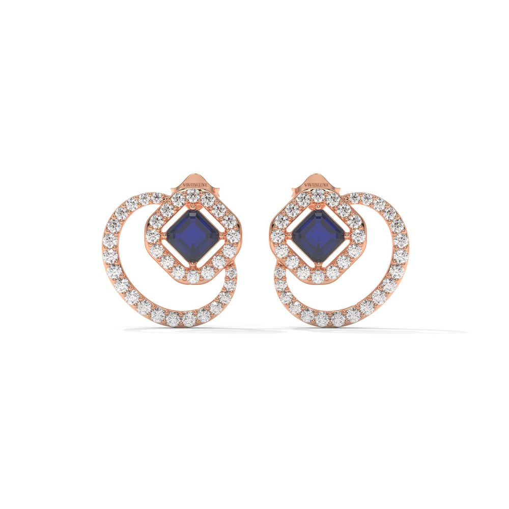 Blue Emerald Stud Earrings: Lab Grown Diamond Halo, Gold & Silver