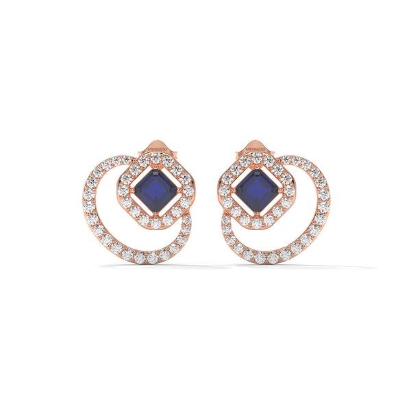 Blue Emerald Stud Earrings: Lab Grown Diamond Halo, Gold & Silver