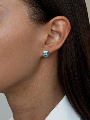 IGI Certified Lab Grown Diamond Asscher Stud Earrings: Vivid Blue, Bezel Set