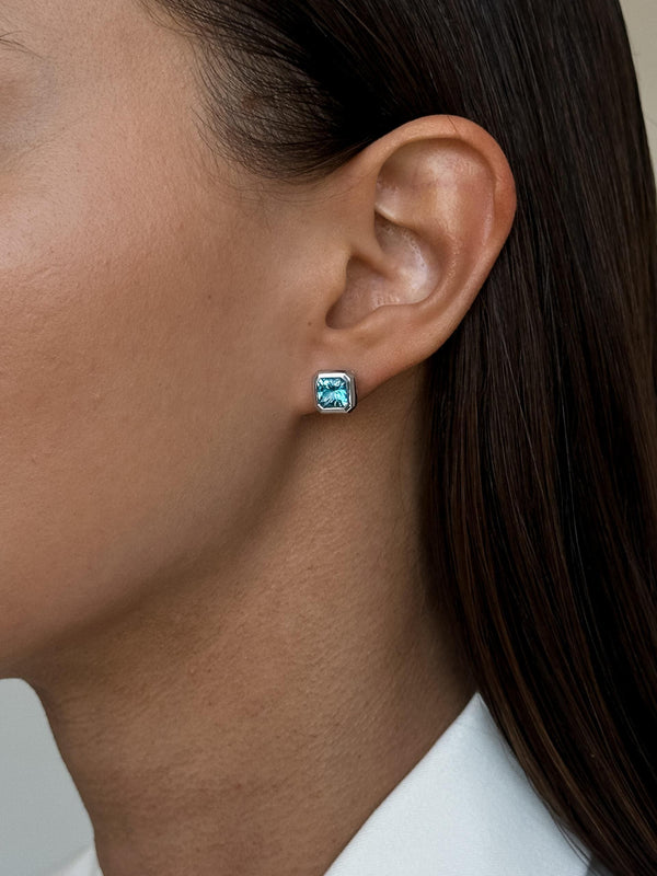 IGI Certified Lab Grown Diamond Asscher Stud Earrings: Vivid Blue, Bezel Set