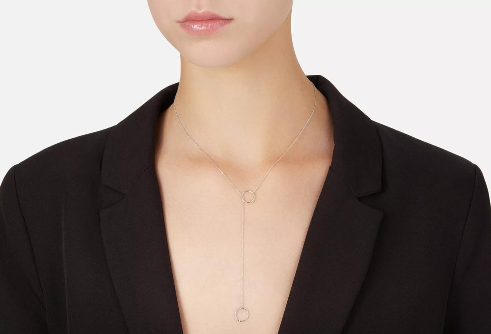 Double Circle Lariat Necklace: Minimalist Drop Pendant