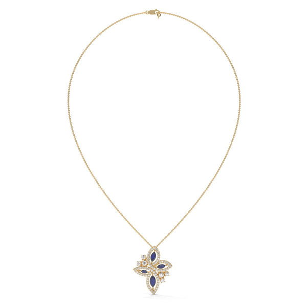 Marquise Lab Diamond Floral Pendant: Vivid Blue, Solid Gold or 925 Silver