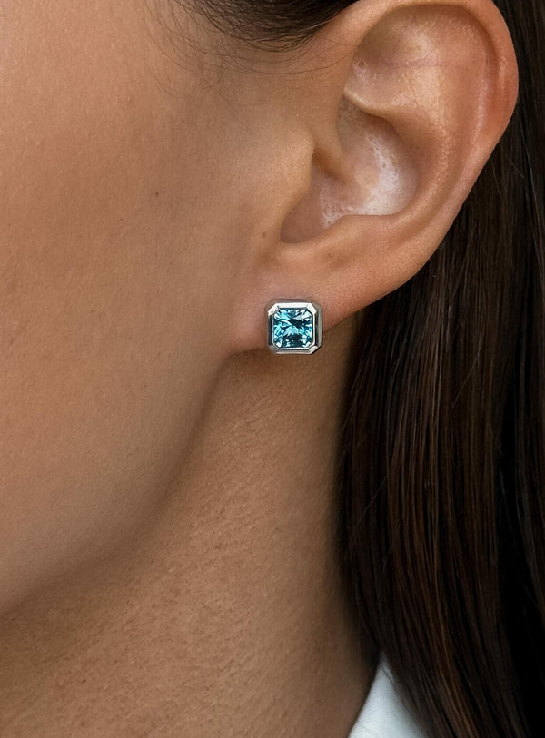 IGI Certified Lab Grown Diamond Asscher Stud Earrings: Vivid Blue, Bezel Set