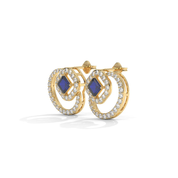 Blue Emerald Stud Earrings: Lab Grown Diamond Halo, Gold & Silver