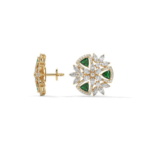 Green Trillion Lab Diamond Floral Earrings: Gold & Silver
