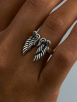 Angel Wing Open Ring: 925 Silver & Solid Gold Band