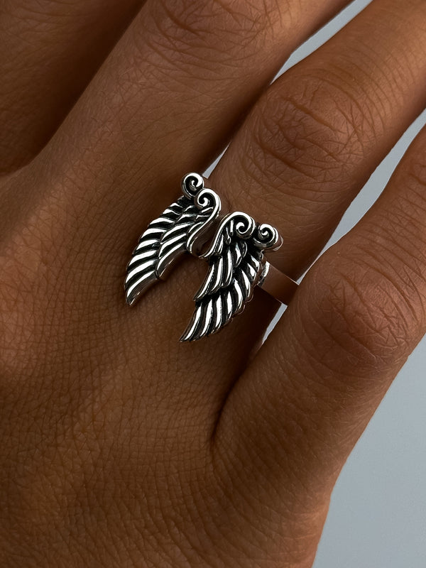 Angel Wing Open Ring: 925 Silver & Solid Gold Band