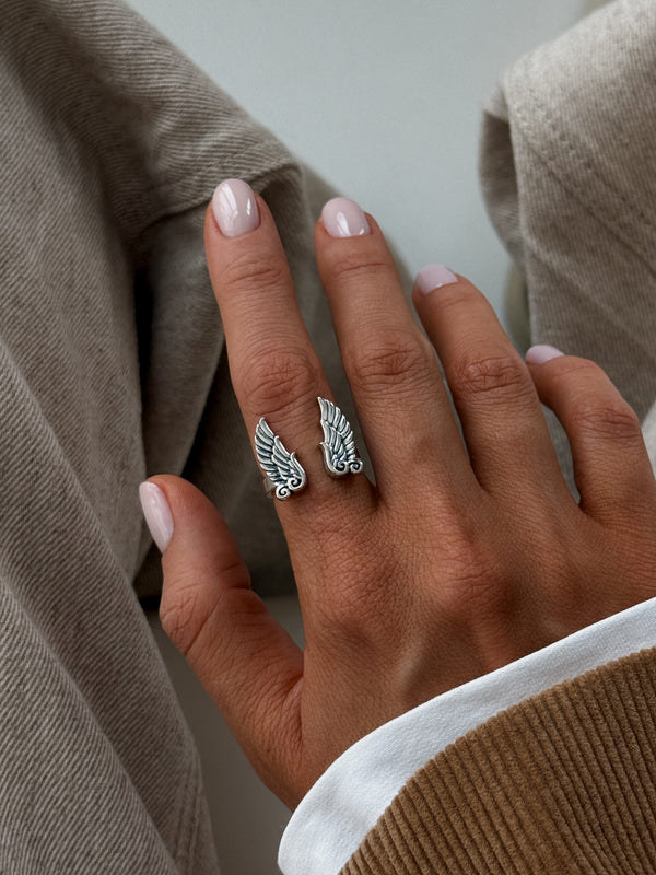 Angel Wing Open Ring: 925 Silver & Solid Gold Band