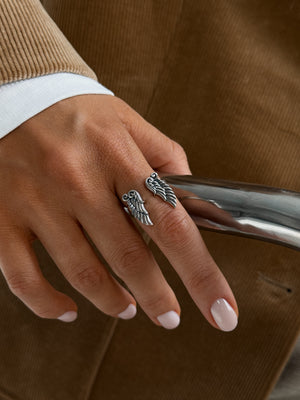 Angel Wing Open Ring: 925 Silver & Solid Gold Band