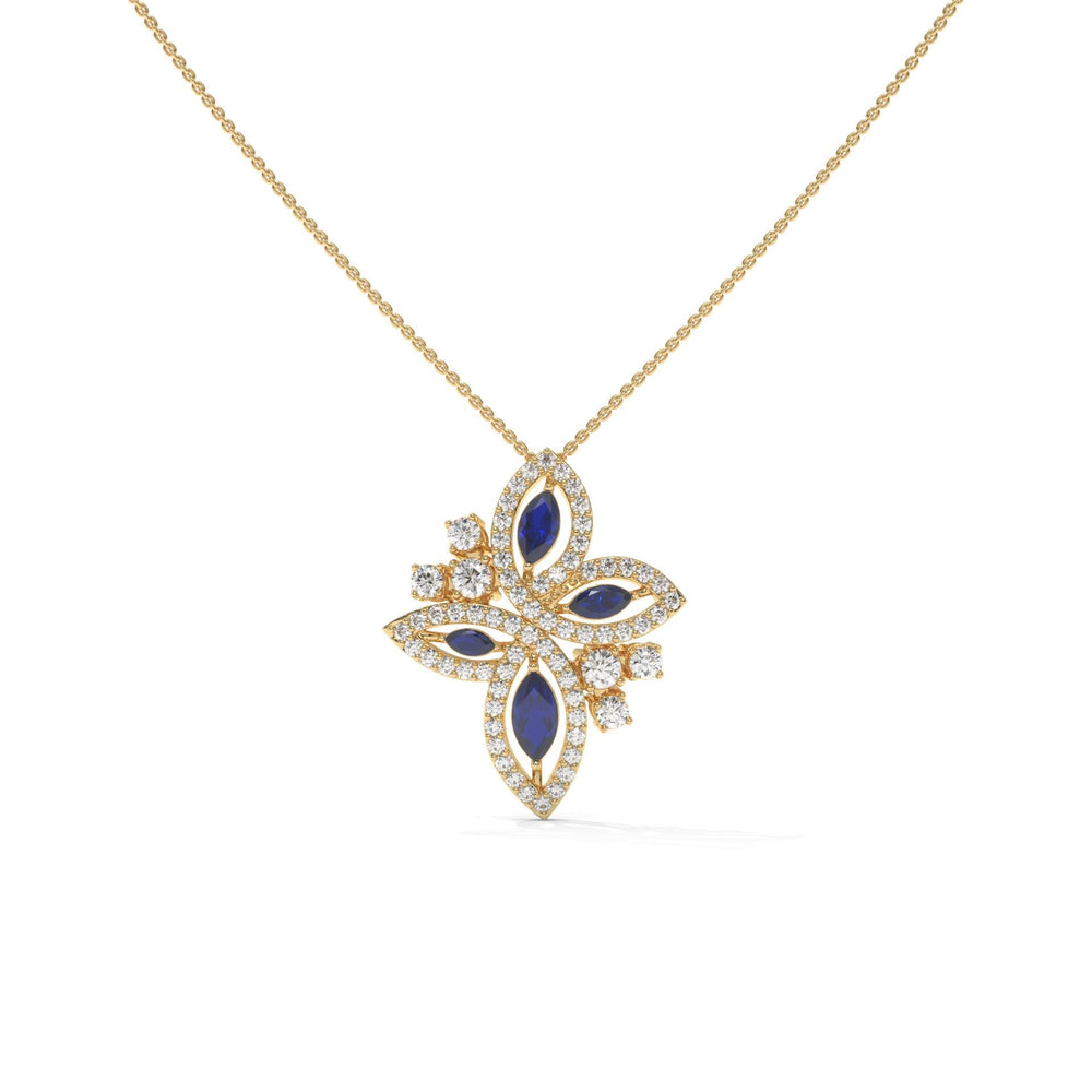 Marquise Lab Diamond Floral Pendant: Vivid Blue, Solid Gold or 925 Silver