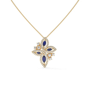 Marquise Lab Diamond Floral Pendant: Vivid Blue, Solid Gold or 925 Silver