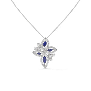 Marquise Lab Diamond Floral Pendant: Vivid Blue, Solid Gold or 925 Silver