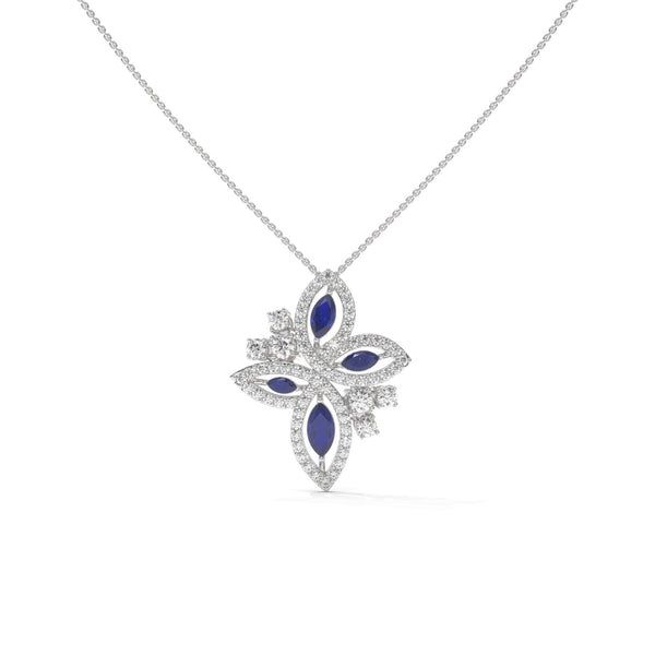 Marquise Lab Diamond Floral Pendant: Vivid Blue, Solid Gold or 925 Silver