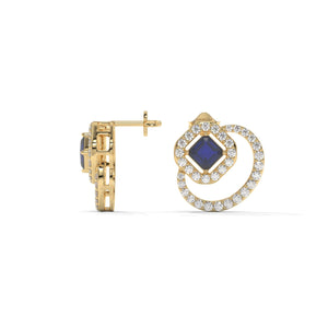 Blue Emerald Stud Earrings: Lab Grown Diamond Halo, Gold & Silver