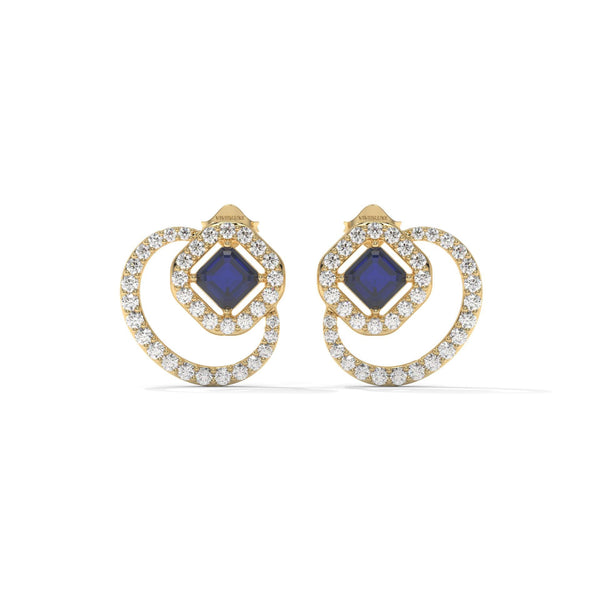 Blue Emerald Stud Earrings: Lab Grown Diamond Halo, Gold & Silver