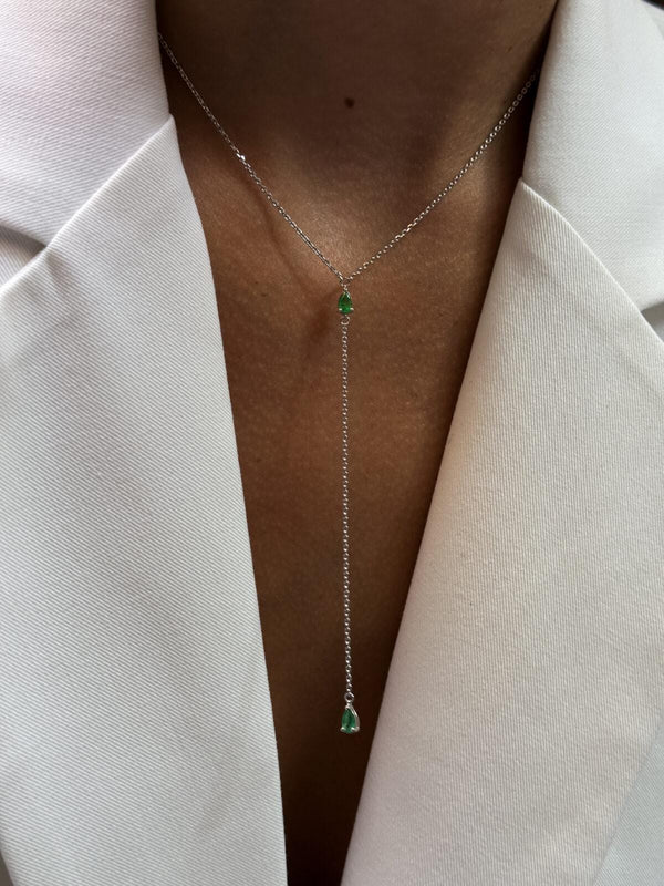 Green Pear Drop Lariat Necklace: 10K/14K/18K Solid Gold, 925 Silver