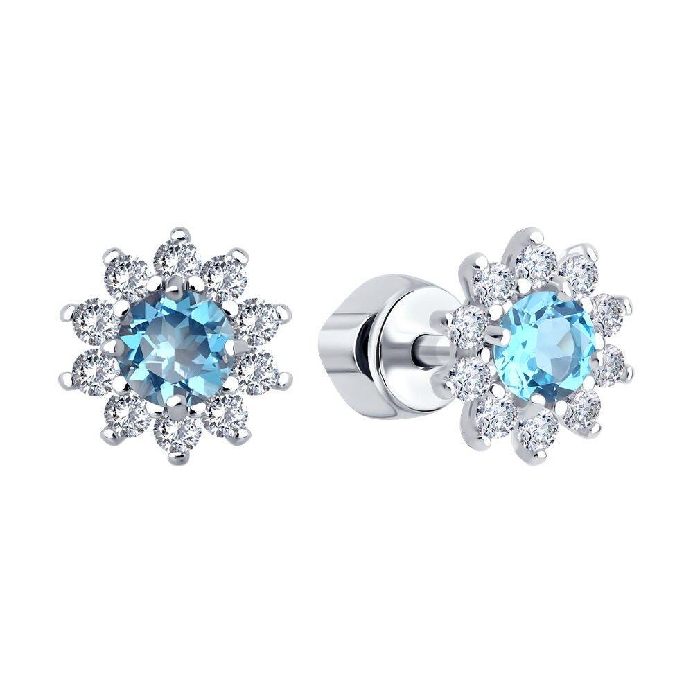 Blue Diamond Halo Studs | Silver, Gold