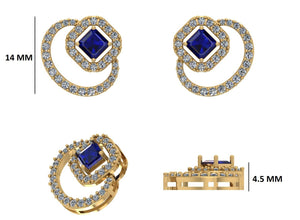 Blue Emerald Stud Earrings: Lab Grown Diamond Halo, Gold & Silver