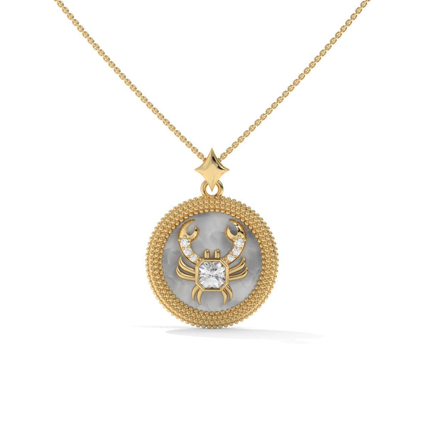 Cancer Zodiac Pendant Necklace, Unisex | 10K, 14K, 18K Gold, 925 Silver | Cable Chain | Lab Grown Diamond