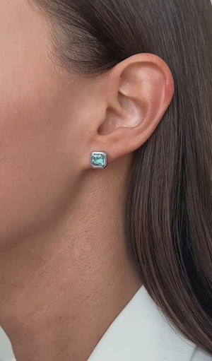 IGI Certified Lab Grown Diamond Asscher Stud Earrings: Vivid Blue, Bezel Set