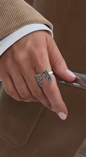 Angel Wing Open Ring: 925 Silver & Solid Gold Band