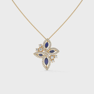 Marquise Lab Diamond Floral Pendant: Vivid Blue, Solid Gold or 925 Silver