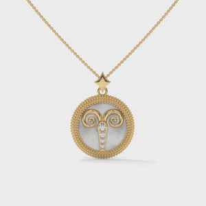 Aries Zodiac Pendant Necklace, Unisex | 10K, 14K, 18K Gold, 925 Silver | Cable Chain | Lab Grown Diamond